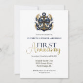Blue Gold Nautical Anchor 1st Wedding Anniversary Einladung (Vorderseite)