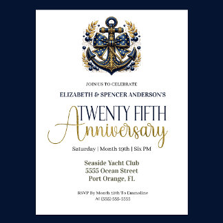 Blue Gold Nautical Anchor 25th Wedding Anniversary Einladung