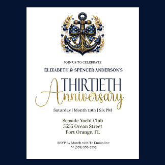 Blue Gold Nautical Anchor 30th Wedding Anniversary Einladung