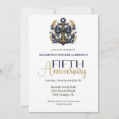 Blue Gold Nautical Anchor 5th Wedding Anniversary Einladung (Vorderseite)