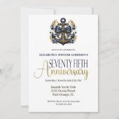 Blue Gold Nautical Anchor 75th Wedding Anniversary Einladung (Vorderseite)