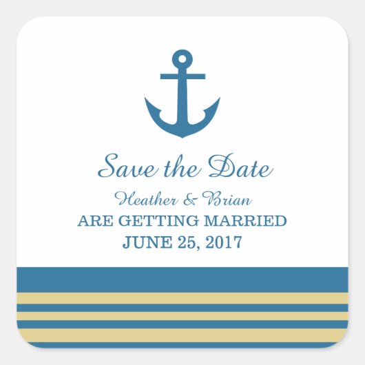 Blue Gold Nautical Anker Save the Date Stickers (Vorderseite)