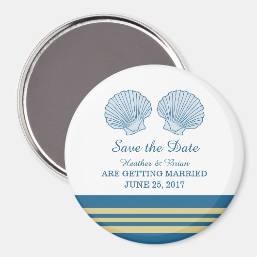 Blue Gold Nautical Seashells Save the Date Magnet (Vorderseite/Rückseite)