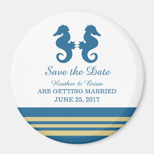 Blue Gold Nautical Seepferd Speichern Sie das Date Magnet (Vorne)