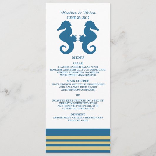 Blue Gold Nautical Seepferd Wedding Menu Menükarte (Vorderseite)