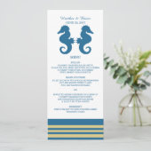 Blue Gold Nautical Seepferd Wedding Menu Menükarte (Stehend Vorderseite)