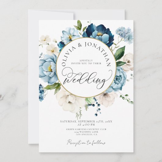 Blue Gold Navy All in 1 Budget QR Code Hochzeit Einladung (Vorderseite)