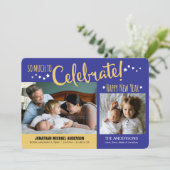 Blue & Gold New Years Foto Baby Boy Ankündigung (Stehend Vorderseite)