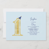 Blue & Gold | Niedlich Moderner Junge 1. Geburtsta Einladung (Vorderseite)