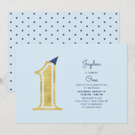 Blue & Gold | Niedlich Moderner Junge 1. Geburtsta Einladung