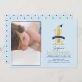 Blue & Gold | Niedlich Moderner Junge 1. Geburtsta Einladung (Vorne/Hinten)