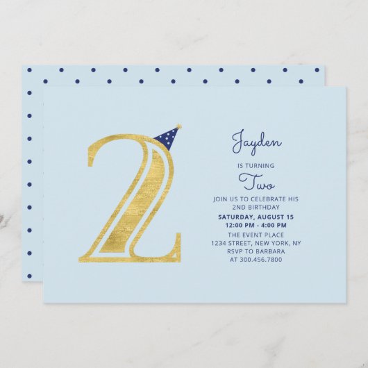 Blue & Gold | Niedlich Moderner Junge 2. Geburtsta Einladung (Vorne/Hinten)
