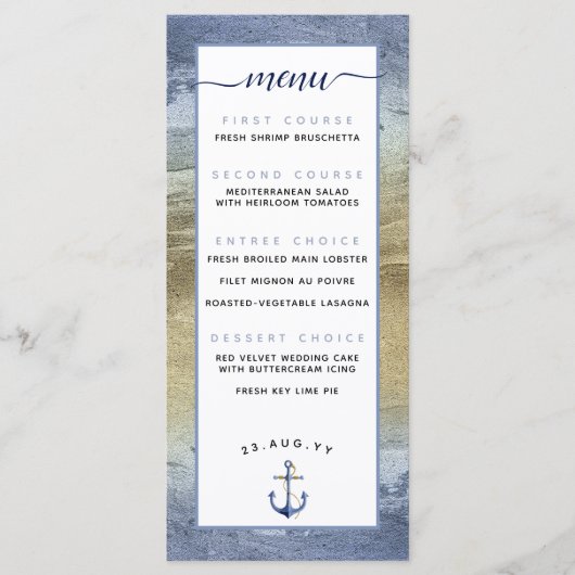 Blue & Gold ⚓️ oder Nautical Wedding Menükarte (Vorderseite)