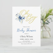 Blue & Gold “Oh Boy” Floral Typography Baby Shower Einladung (Stehend Vorderseite)