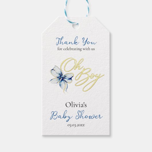 Blue & Gold “Oh Boy” Floral Typography Baby Shower Geschenkanhänger (Vorderseite)