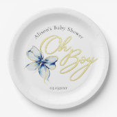 Blue & Gold “Oh Boy” Gold Typography Baby Shower Pappteller (Vorderseite)
