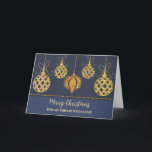 Blue Gold Ornaments Friend Frohe Weihnachten Karte<br><div class="desc">Frohe Weihnachten für Freundeskarten in modernem Marineblau mit goldenen Weihnachtsschmuck im Glitzer.</div>