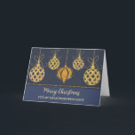 Blue Gold Ornaments Grandson Weihnachten Karte<br><div class="desc">Frohe Weihnachten für Enkelkarte in modernem Marineblau mit goldenen Weihnachtsschmuck im Glitzer.</div>