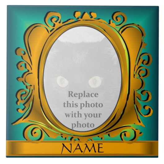 Blue Gold Oval Foto Rahmen mit Name Tile Fliese (Vorderseite)