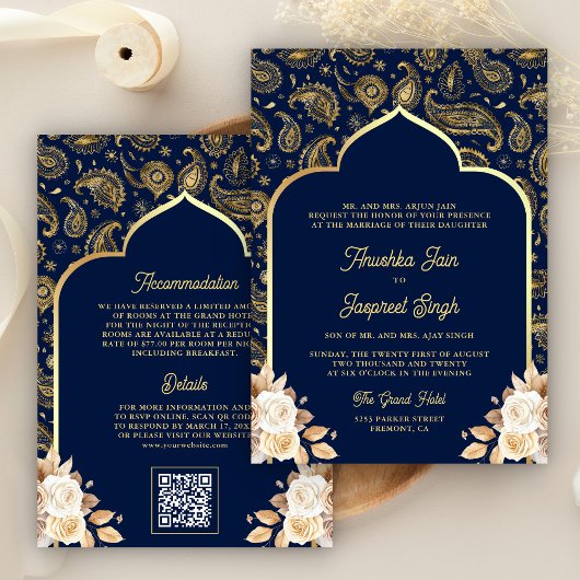 Blue Gold Paisley Floral QR Code Indian Wedding Einladung