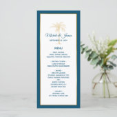 Blue Gold Palm Tree Beach Hochzeit des tropischen  Menükarte (Stehend Vorderseite)