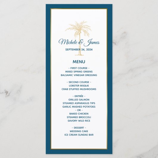 Blue Gold Palm Tree Beach Hochzeit des tropischen  Menükarte (Vorderseite)