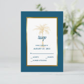 Blue Gold Palm Tree Beach Hochzeit des tropischen  RSVP Karte (Stehend Vorderseite)