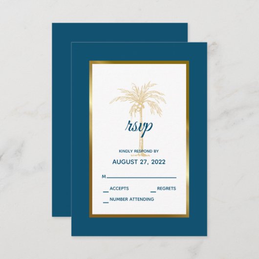 Blue Gold Palm Tree Beach Hochzeit des tropischen RSVP Karte (Vorne/Hinten)