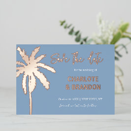 Blue Gold Palm Tree Beach Hochzeit Save the Date Folieneinladung