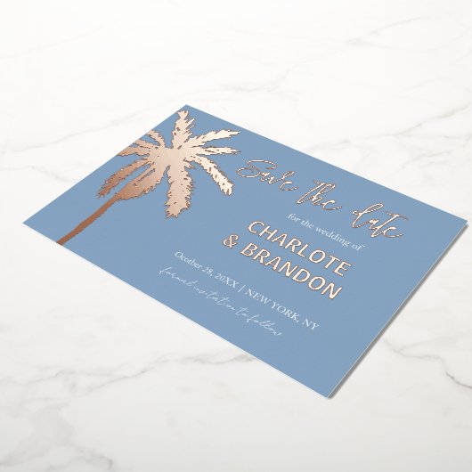 Blue Gold Palm Tree Beach Hochzeit Save the Date Folieneinladung (Gedreht)