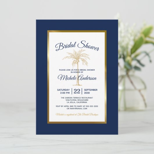 Blue Gold Palm Tree Modernes Brautparty Einladung (Stehend Vorderseite)
