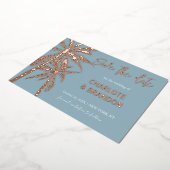 Blue Gold Palm Trees Beach Hochzeit Save the Date Folieneinladung (Gedreht)