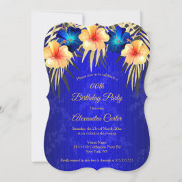 Blue Gold Palms Hibisken Damask Geburtstagsparty Einladung