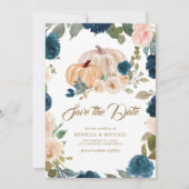 Blue Gold Peach Floral Pumpkin Hochzeit Save The Date (Vorderseite)