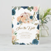 Blue Gold Peach Floral Pumpkin Hochzeit Save The Date (Stehend Vorderseite)