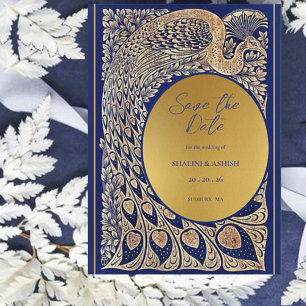 Blue Gold Peacock Indian Wedding Save The Date