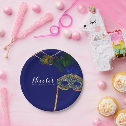 Blue & Gold Peacock Masquerade Custom Party Pappteller (Party)