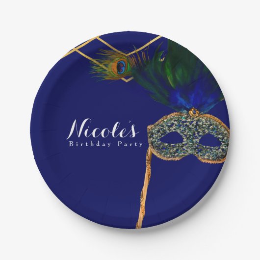 Blue & Gold Peacock Masquerade Custom Party Pappteller (Vorderseite)