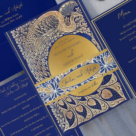 Blue Gold Pfau Jugendstil Hochzeit Einladungsbanderole
