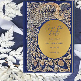 Blue Gold Pfau Jugendstil Hochzeit Save The Date