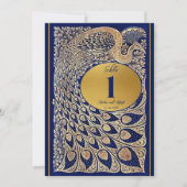 Blue Gold Pfau Jugendstil Hochzeit Tischnummer (Vorderseite)