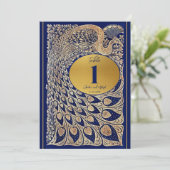Blue Gold Pfau Jugendstil Hochzeit Tischnummer (Stehend Vorderseite)
