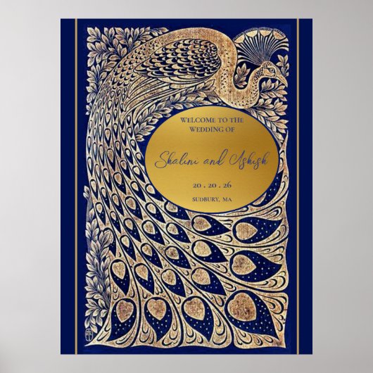 Blue Gold Pfau Jugendstil Hochzeit Willkommen Poster (Vorne)