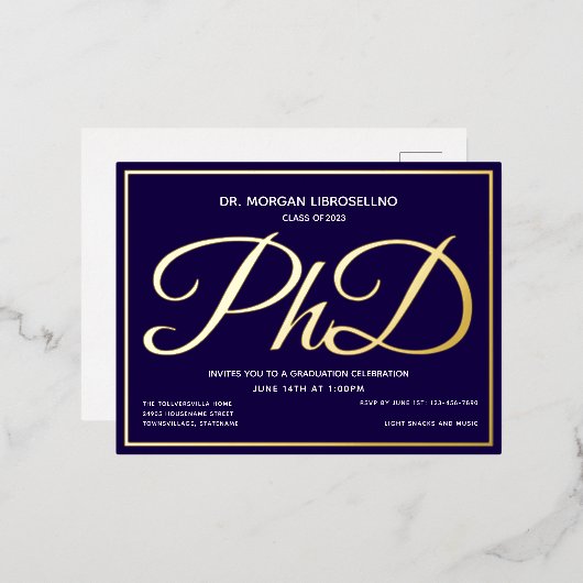 Blue Gold PhD-Abschluss Folie Einladungspostkarte (Vorderseite/Rückseite)