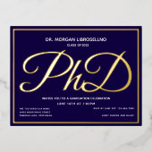 Blue Gold PhD-Abschluss Folie Einladungspostkarte (Vorderseite)
