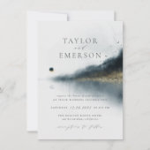 Blue & Gold Pine Tree & Lake Wedding Einladung (Vorderseite)