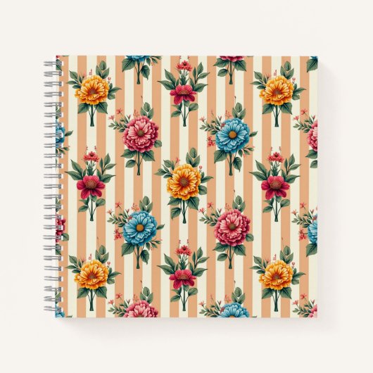 Blue Gold Pink Flowers on Tan Stripes Notizblock (Vorderseite)