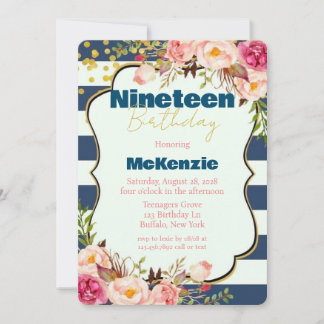 Blue Gold Pink Peony Girl 19. Geburtstagsparty Einladung