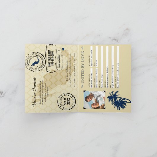 Blue Gold Playa del Carmen Mexiko Hochzeitspass Einladung (Innenseite)