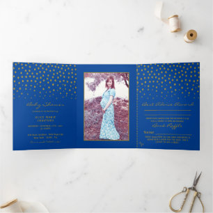 Blue & Gold Polka Dot, Baby Showsuite Dreifach Gefaltete Einladung